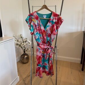 Nicole Miller Satin Faux Wrap Floral Midi Dress. Size XL. NWOT